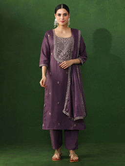 Jaipur Kurti - Purple Embroidered Straight Chanderi Silk Kurta & Pant with Dupatta (Set of 3)