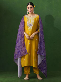 Jaipur Kurti - Yellow Embroidered Straight Silk Blend Kurta & Pant with Dupatta (Set of 3)