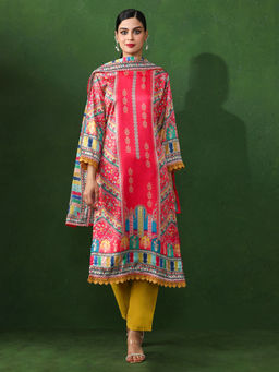 Jaipur Kurti - Pink Paisley Printed A-Line Satin Kurta & Pant with Dupatta (Set of 3)