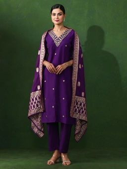 Jaipur Kurti - Purple Embroidered Straight Chanderi Silk Kurta & Pant with Dupatta (Set of 3)