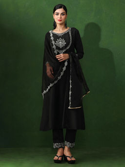 Jaipur Kurti - Black Embroidered A-Line Pure Silk Kurta & Pant with Dupatta (Set of 3)