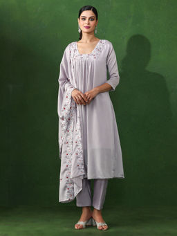Jaipur Kurti - Purple Embroidered A-Line Chinon Kurta & Pant with Dupatta (Set of 3)