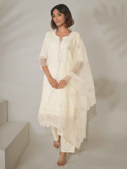 Miravan - Women Embroidered Beige with Purple Sequence Kurta with Pant & Dupatta (Set of 3)