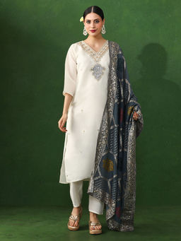 Jaipur Kurti - Off White Embroidered A-Line Chanderi Silk Kurta & Pant with Dupatta (Set of 3)