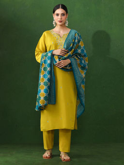 Jaipur Kurti - Yellow Embroidered Straight Chanderi Silk Kurta & Pant with Dupatta (Set of 3)