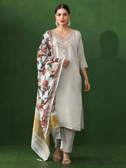 Jaipur Kurti - Off White Floral A-Line Chanderi Silk Kurta & Pant with Dupatta (Set of 3)