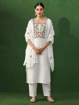 Jaipur Kurti - White Embroidered Straight Chanderi Silk Kurta & Pant with Dupatta (Set of 3)