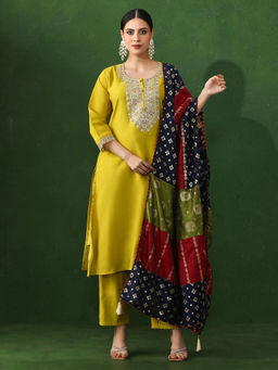 Jaipur Kurti - Yellow Embroidered Straight Chanderi Silk Kurta & Pant with Dupatta (Set of 3)