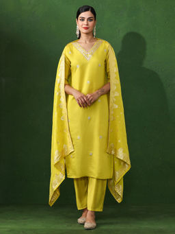 Jaipur Kurti - Yellow Embroidered Straight Chanderi Silk Kurta & Pant with Dupatta (Set of 3)