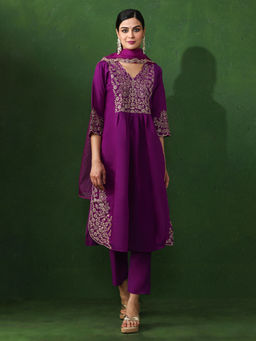 Jaipur Kurti - Purple Embroidered A-Line Chanderi Silk Kurta & Pant with Dupatta (Set of 3)