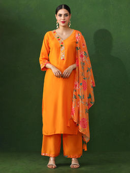 Jaipur Kurti - Orange Embroidered A-Line Chinon Kurta & Pant with Dupatta (Set of 3)