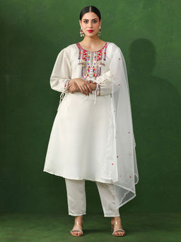 Jaipur Kurti - White Embroidered A-Line Chanderi Silk Kurta & Pant with Dupatta (Set of 3)