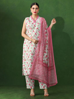 Jaipur Kurti - Pink Floral Straight Cotton Blend Kurta & Pant with Dupatta (Set of 3)