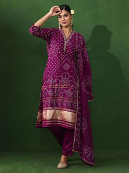Jaipur Kurti - Purple Bandhani Embroidered Straight Kurta & Pant with Dupatta (Set of 3)