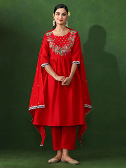 Jaipur Kurti - Red Embroidered A-Line Chinon Kurta & Pant with Dupatta (Set of 3)