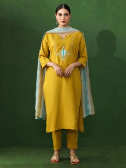 Jaipur Kurti - Yellow Embroidered A-Line Silk Blend Kurta & Pant with Dupatta (Set of 3)