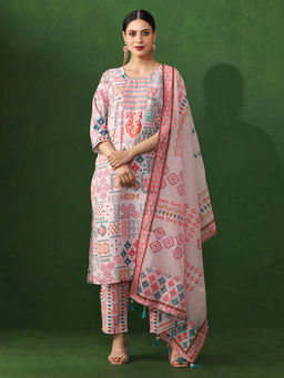 Jaipur Kurti - Pink Floral Printed Straight Pure Cotton Kurta & Pant with Dupatta (Set of 3)