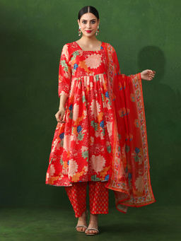 Jaipur Kurti - Red Floral Printed A-Line Cotton Blend Kurta & Pant with Dupatta (Set of 3)