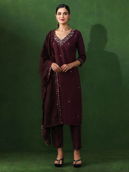 Jaipur Kurti - Wine Embroidered Straight Chanderi Silk Kurta & Pant with Dupatta (Set of 3)
