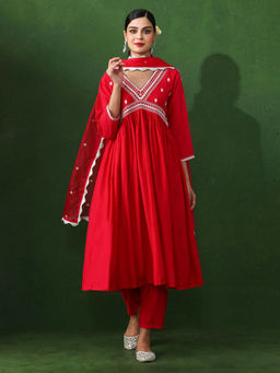 Jaipur Kurti - Red Embroidered A-Line Chanderi Silk Kurta & Pant with Dupatta (Set of 3)