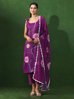 Jaipur Kurti - Purple Floral Printed Straight Silk Crepe Kurta & Pant with Dupatta (Set of 3)