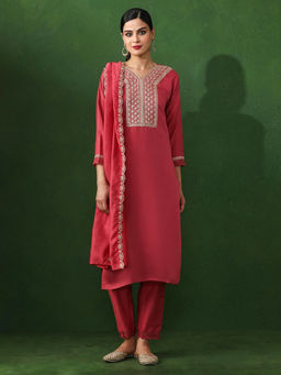 Jaipur Kurti - Red Embroidered Straight Chanderi Silk Kurta & Pant with Dupatta (Set of 3)