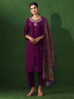 Jaipur Kurti - Purple Embroidered Straight Kurta & Pant with Dupatta (Set of 3)