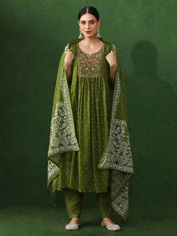 Jaipur Kurti - Green Embroidered A-Line Pure Cotton Kurta & Pant with Dupatta (Set of 3)