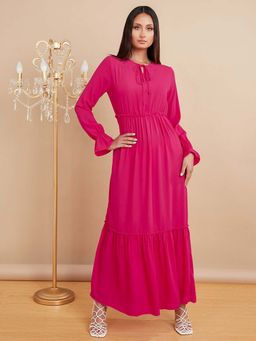 Styli - Magenta Flute Long Sleeves Tie Neck Tiered Maxi Dress