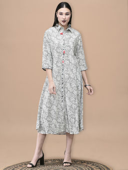 Shree - Women Cotton Off White and Blue Floral Print Midi Dress