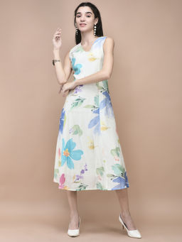 Shree - Women Chanderi Off White Floral Print Midi Dress