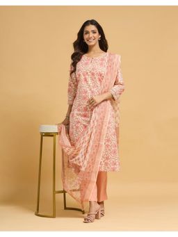 Fabindia - Peach Cotton Printed Kurta with Pant and Dupatta