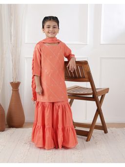 Fabindia - Coral Cotton Silk Blend Embroidered Kurta with Sharara and Dupatta