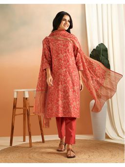 Fabindia - Red Cotton Silk Hand Block Printed Kurta with Pant and Dupatta
