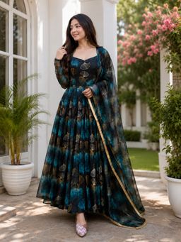 Anveri Textiles - Blue Floral Printed Anarkali Gown with Dupatta