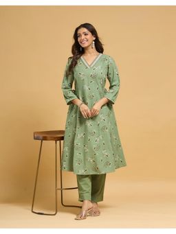 Fabindia - Green Cotton Printed Kurta with Pant