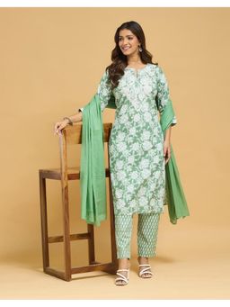 Fabindia - Green Cotton Embroidered Kurta with Pant and Dupatta