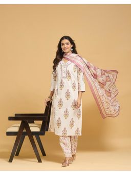 Fabindia - Pink Cotton Printed Kurta with Pant and Dupatta