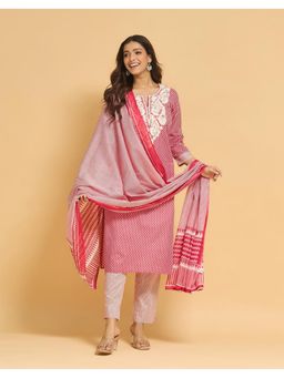 Fabindia - Maroon Cotton Embroidered Kurta with Pant and Dupatta