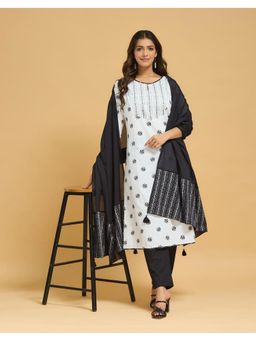 Fabindia - Off White Cotton Printed Kurta with Pant and Dupatta