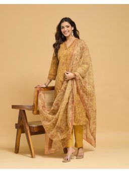 Fabindia - Olive Cotton Printed Kurta with Pant and Dupatta