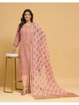 Fabindia - Pink Cotton Printed Kurta with Pant and Dupatta