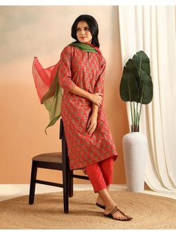 Fabindia - Red Cotton Long Kurta with Pant and Dupatta