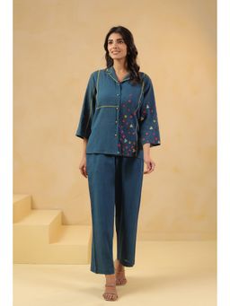 SAVI - Blue Cotton Flex Embroidered Co-Ord Set