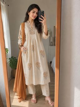 MAAND - Brown Pure Cotton Floral Printed Kurta with Pant and Dupatta