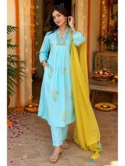 MAAND - Blue Pure Cotton Floral Printed Kurta with Pant and Dupatta