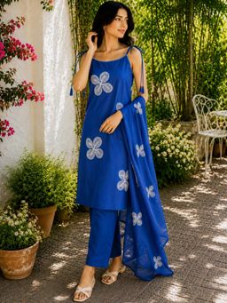 HOUSE OF JAMOTI - Royal Blue Cotton Embroidered Kurta with Pant and Dupatta