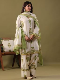 Rimeline - Green Pure Cotton Floral Printed Kurta with Palazzo and Dupatta