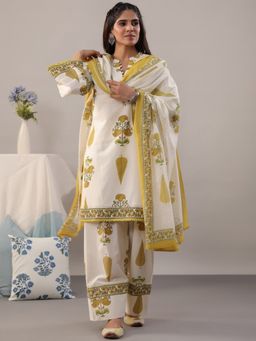 Rimeline - Yellow Pure Cotton Floral Printed Kurta with Palazzo and Dupatta