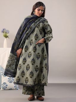 Rimeline - Blue Pure Cotton Floral Printed Kurta with Palazzo and Dupatta